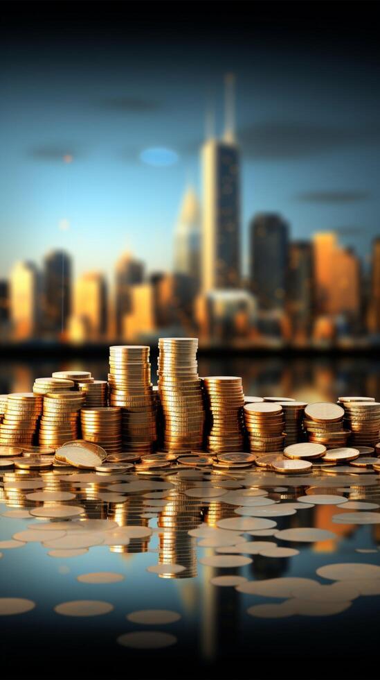 AI generated Business and finance thrive as coins stack against cityscape panorama Vertical Mobile Wallpaper photo