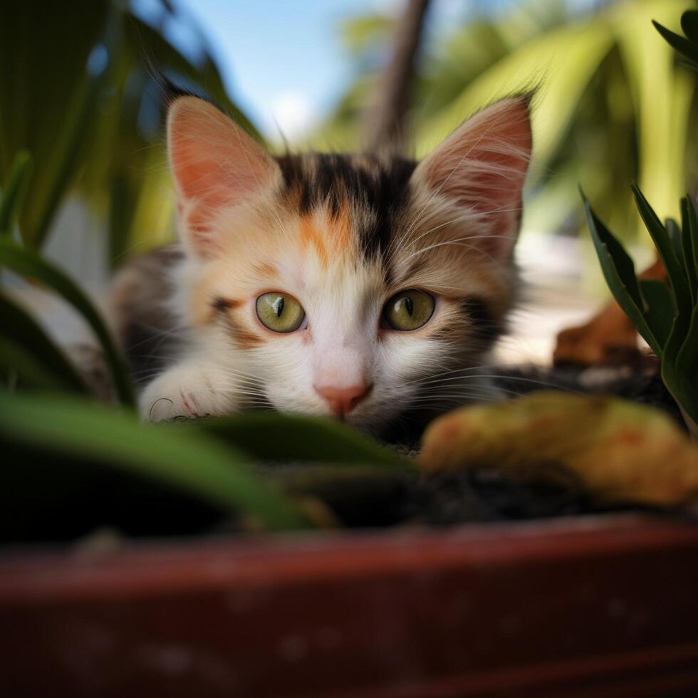 AI generated Kitten with captivating green eyes enjoys a playful, relaxing vacation For Social Media Post Size photo