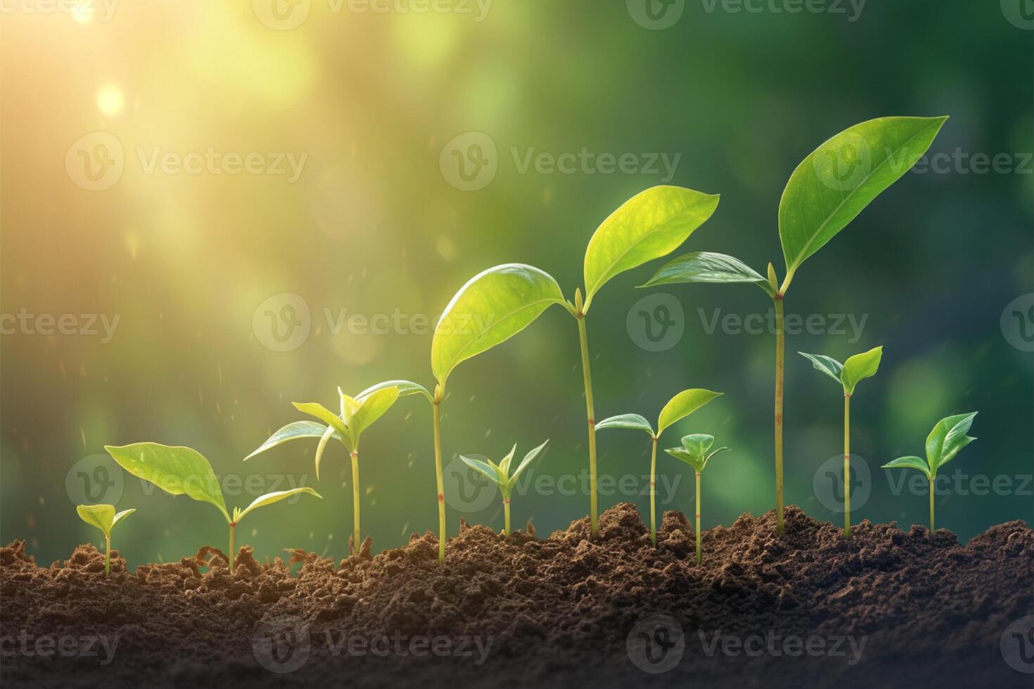 AI generated Sunlight on growing plant seedlings Germination sequence on fertile soil photo