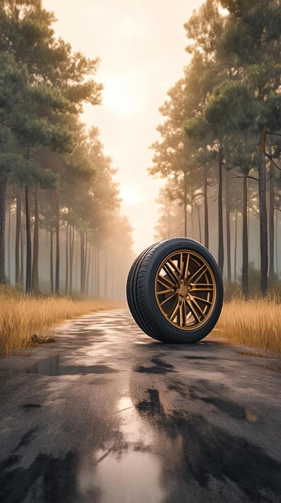 AI generated Wilderness journey Car wheel on asphalt road in the forest Vertical Mobile Wallpaper photo