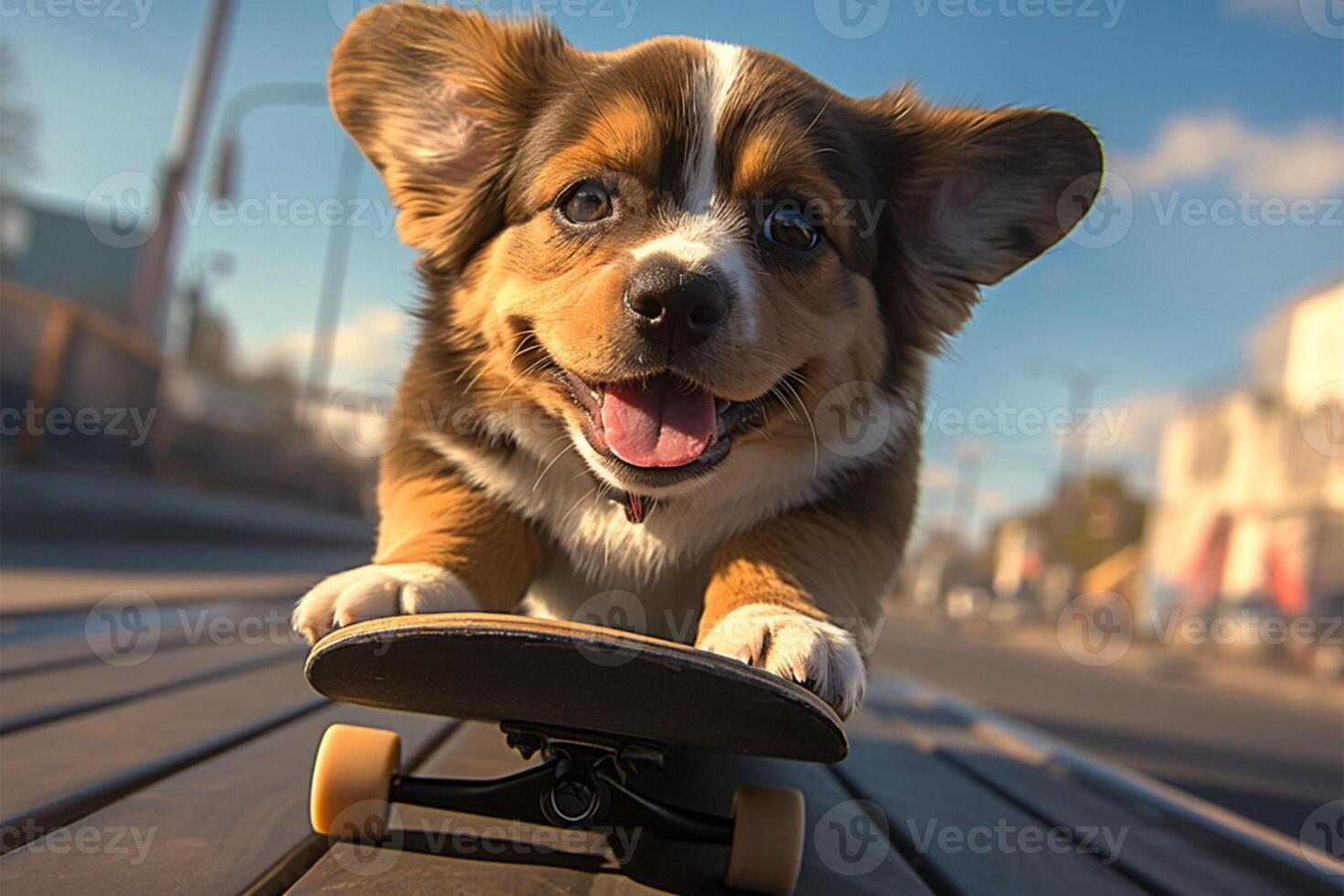 AI generated Urban charm Adorable pup masters skateboard, bringing joy to city life photo