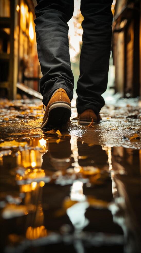 AI generated Urban aftermath Wet feet standing in a puddle post heavy rain Vertical Mobile Wallpaper photo