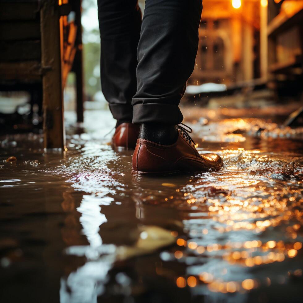 AI generated Rainy day aftermath Mans feet wet in a city puddle For Social Media Post Size photo