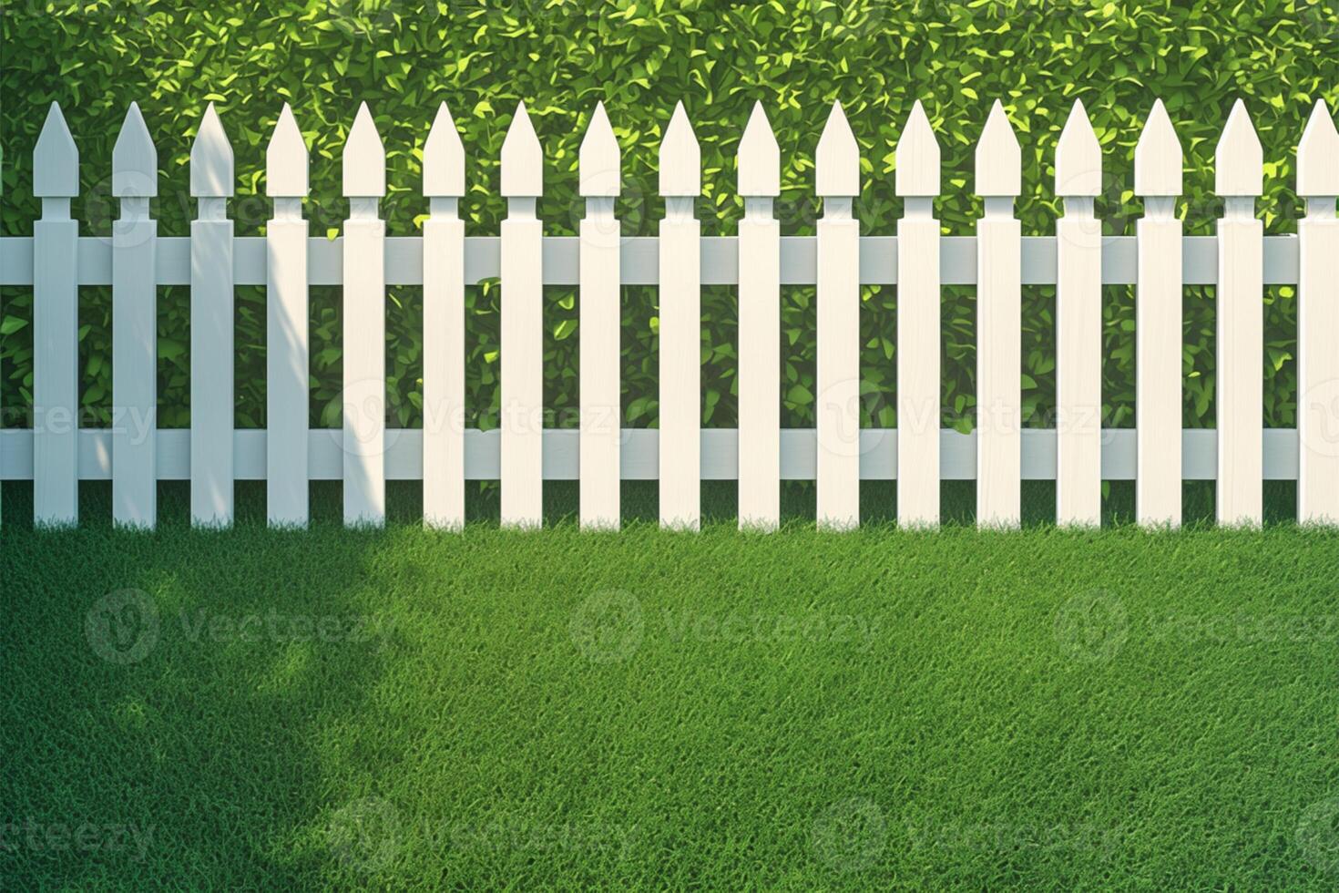AI generated Green artificial turf Wide angle view of white picket fence yard photo