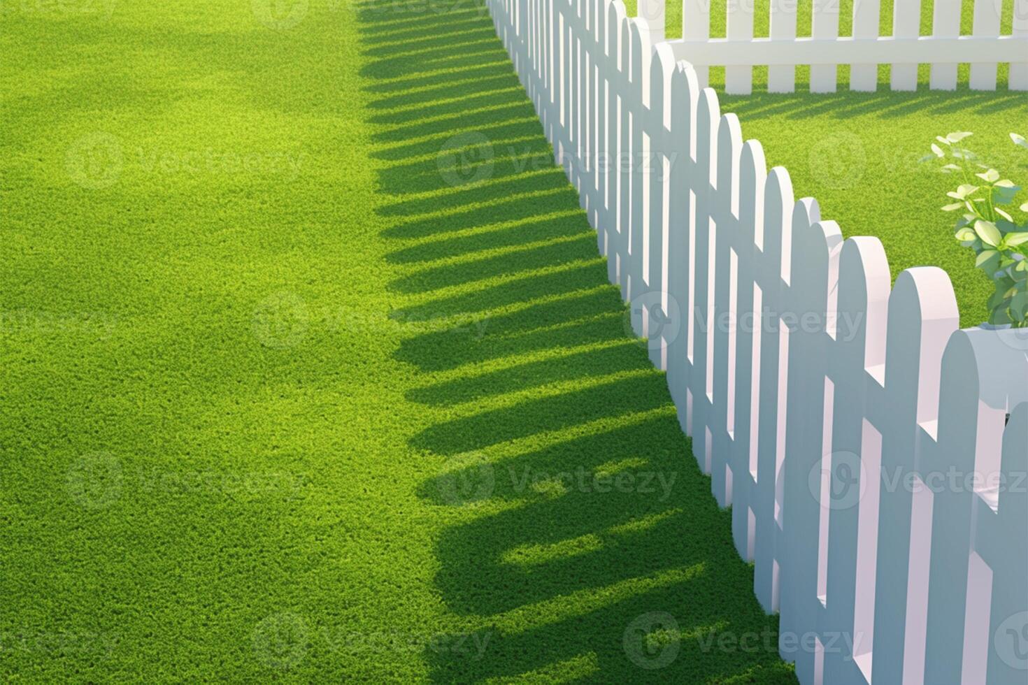 AI generated Green artificial turf Wide angle view of white picket fence yard photo