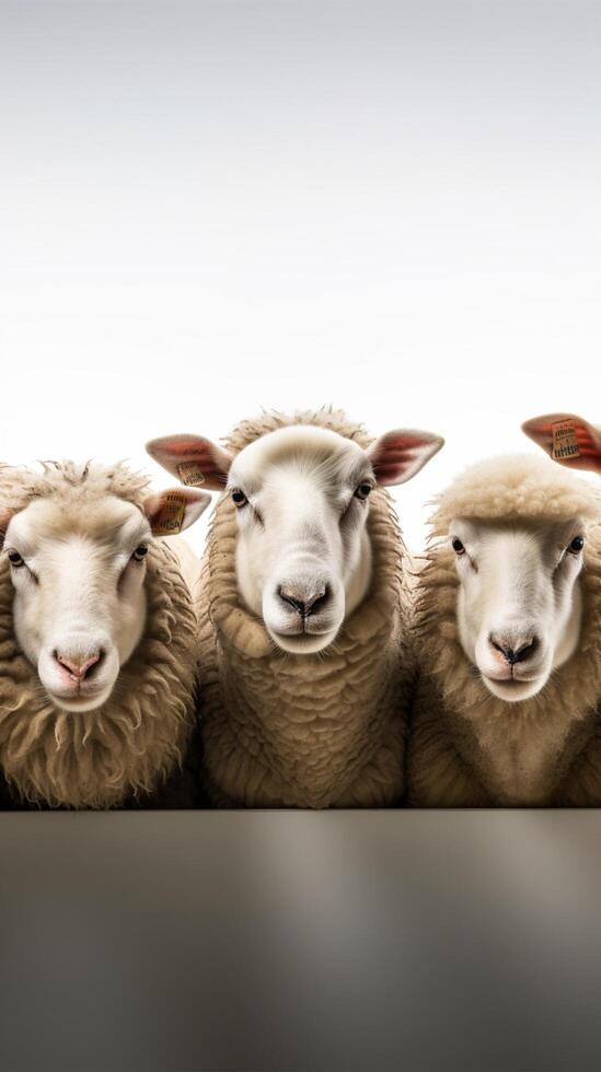 AI generated Organized sheep lineup on a pristine white background Vertical Mobile Wallpaper photo