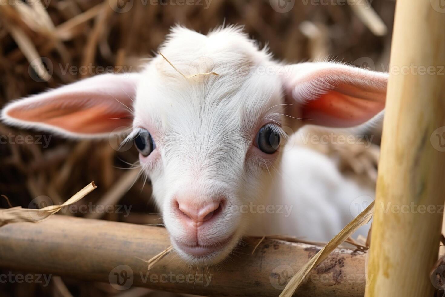 ai generado cerca arriba blanco bebé cabra jugando con bambú cerca en granja foto