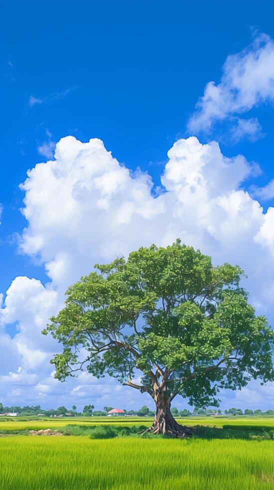 AI generated Isolated Bodhi tree in paddy field Serene with blue sky Vertical Mobile Wallpaper photo