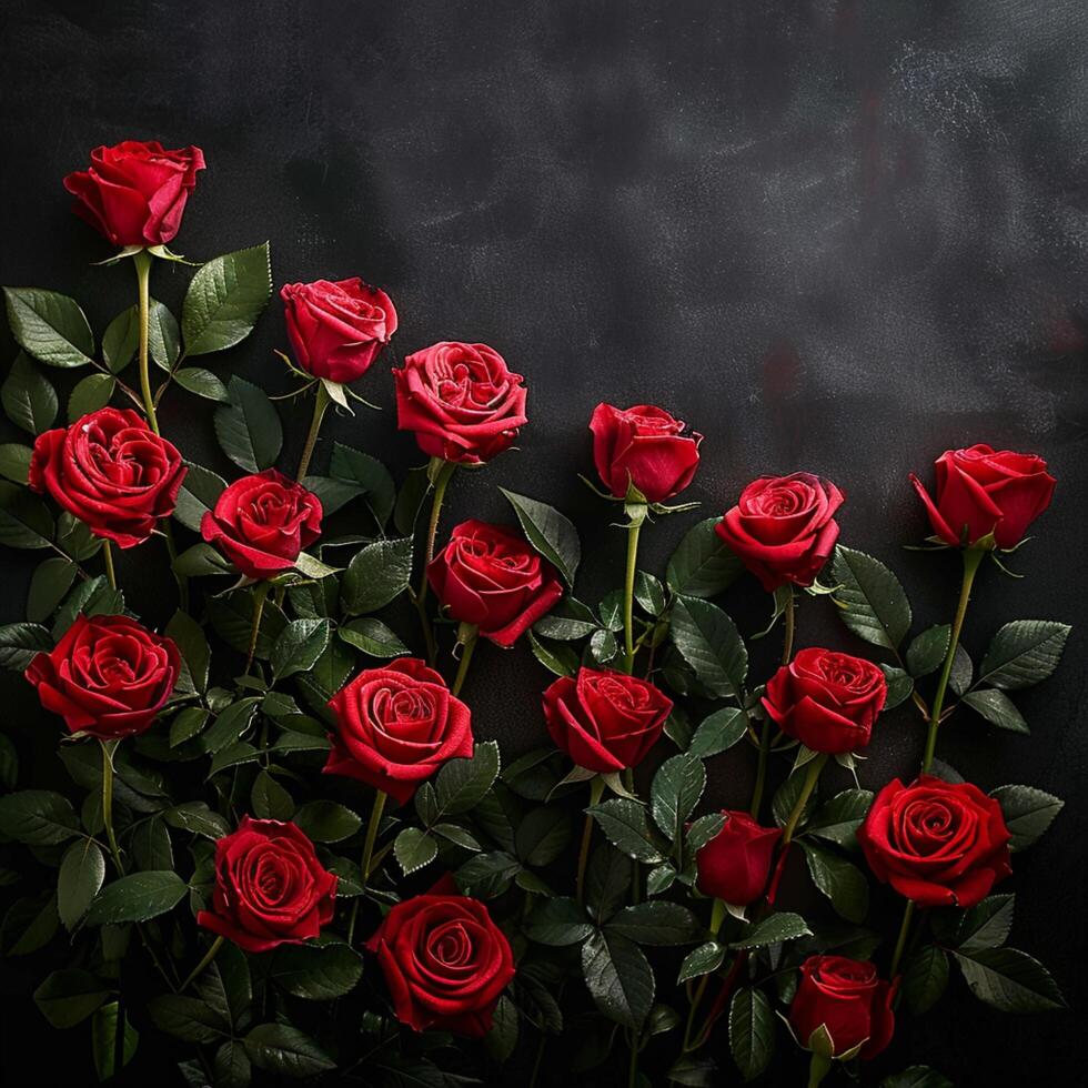 AI generated Mourning roses Dark background enhances red funeral roses with copy space For Social Media Post Size photo