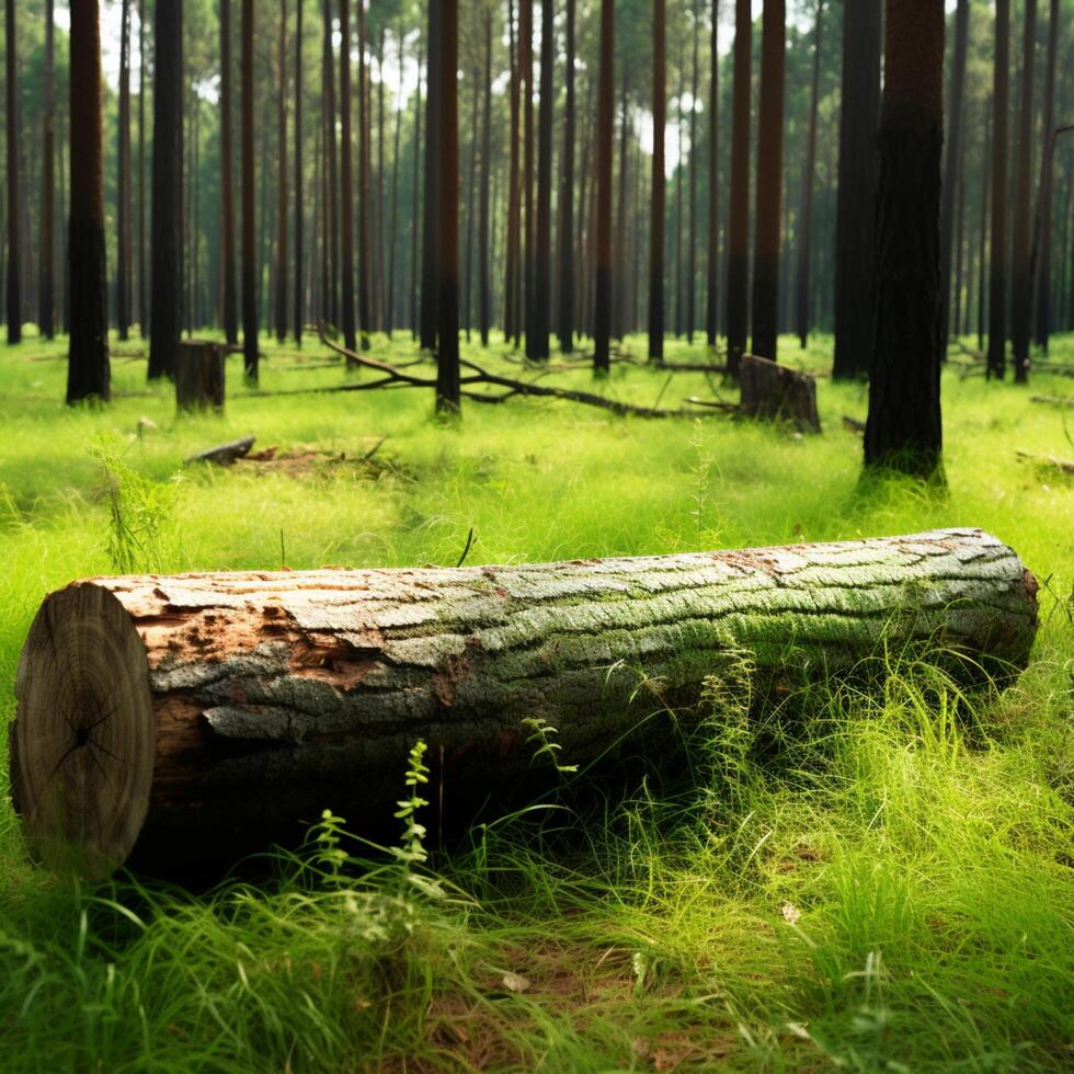 AI generated Natures beauty Pine forest with a log on vibrant grass For Social Media Post Size photo