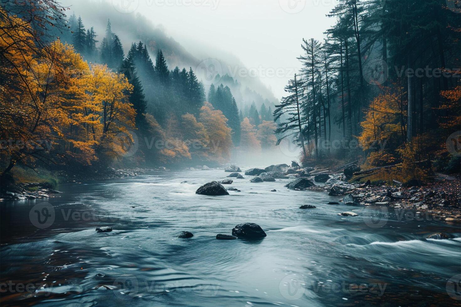 AI generated Misty woodland Winding river, autumn trees, serene morning with text space photo