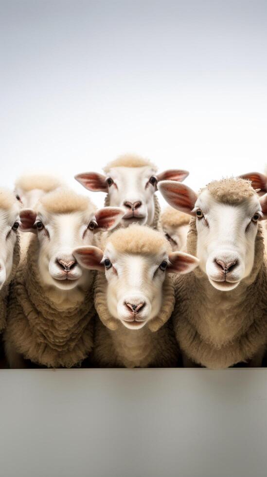 AI generated Sheep in a row on a white background, with copy space Vertical Mobile Wallpaper photo