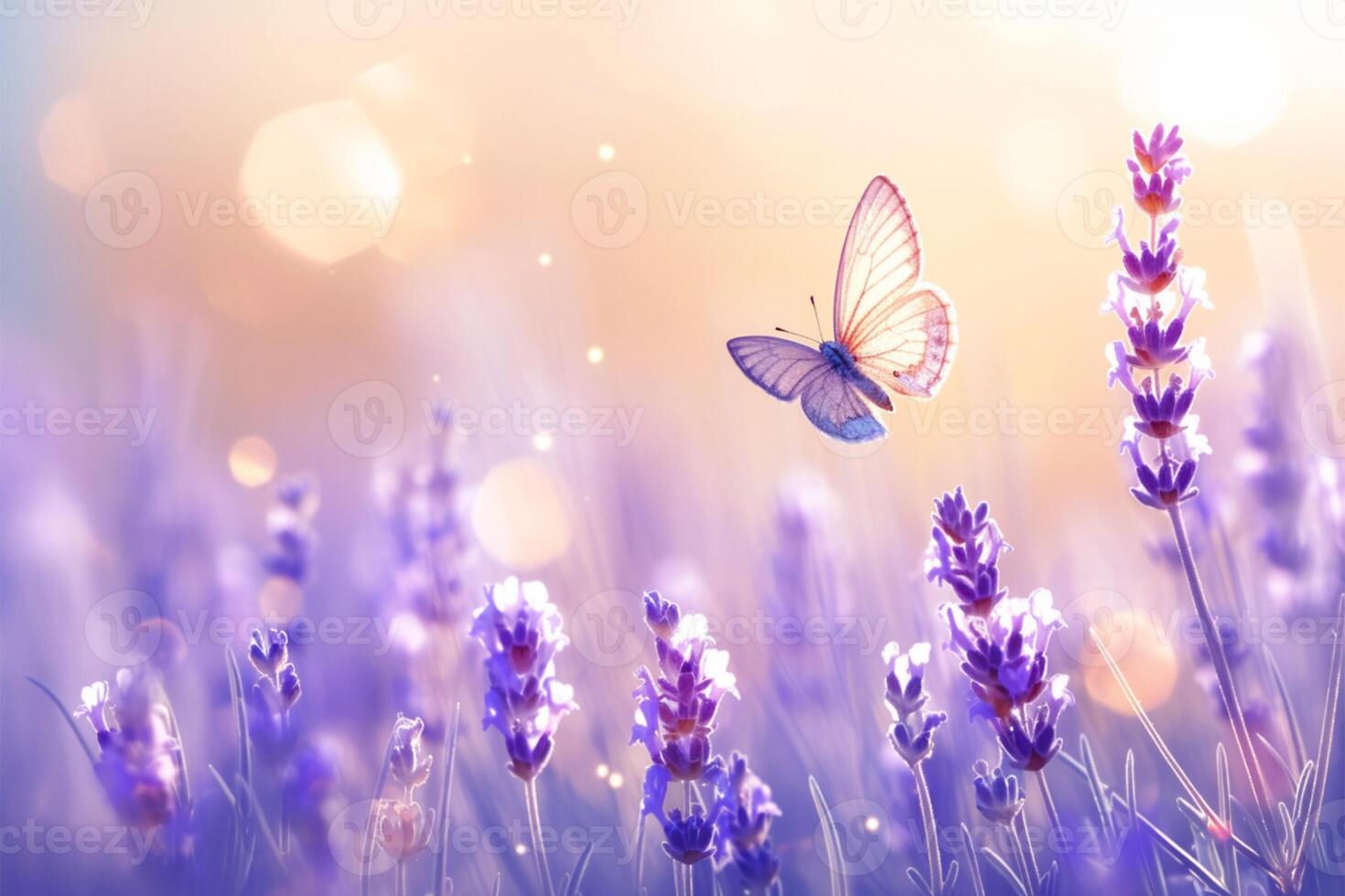 AI generated Botanical enchantment Purple lavender blooms with a delicate butterfly and bokeh photo