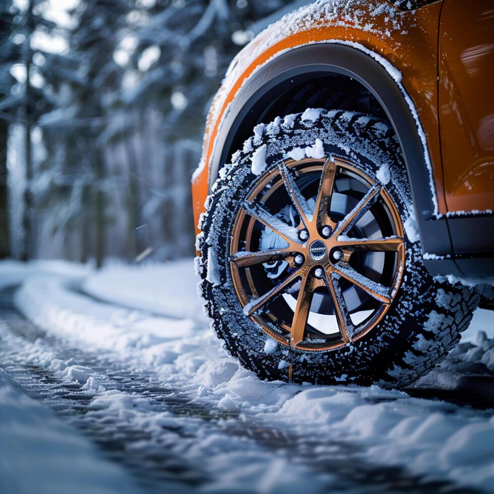 AI generated Frosty traction Car wheel in snow, highlighting wintry conditions For Social Media Post Size photo