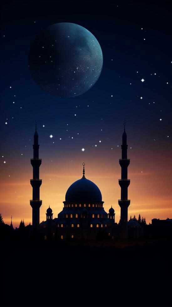 AI generated Silhouette of mosques, dome, crescent moon on twilight sky background Vertical Mobile Wallpaper photo