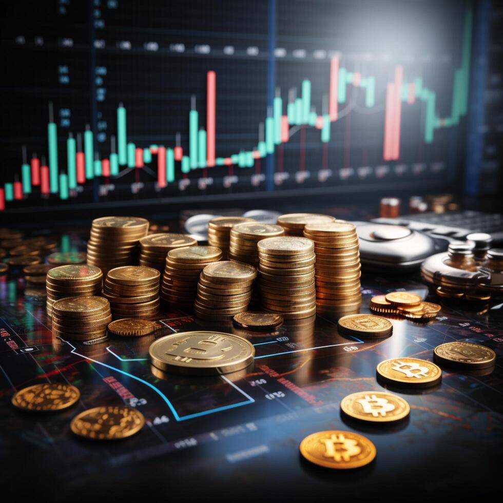 AI generated Forex trading dynamics illustrated with coins and market graph backdrop For Social Media Post Size photo