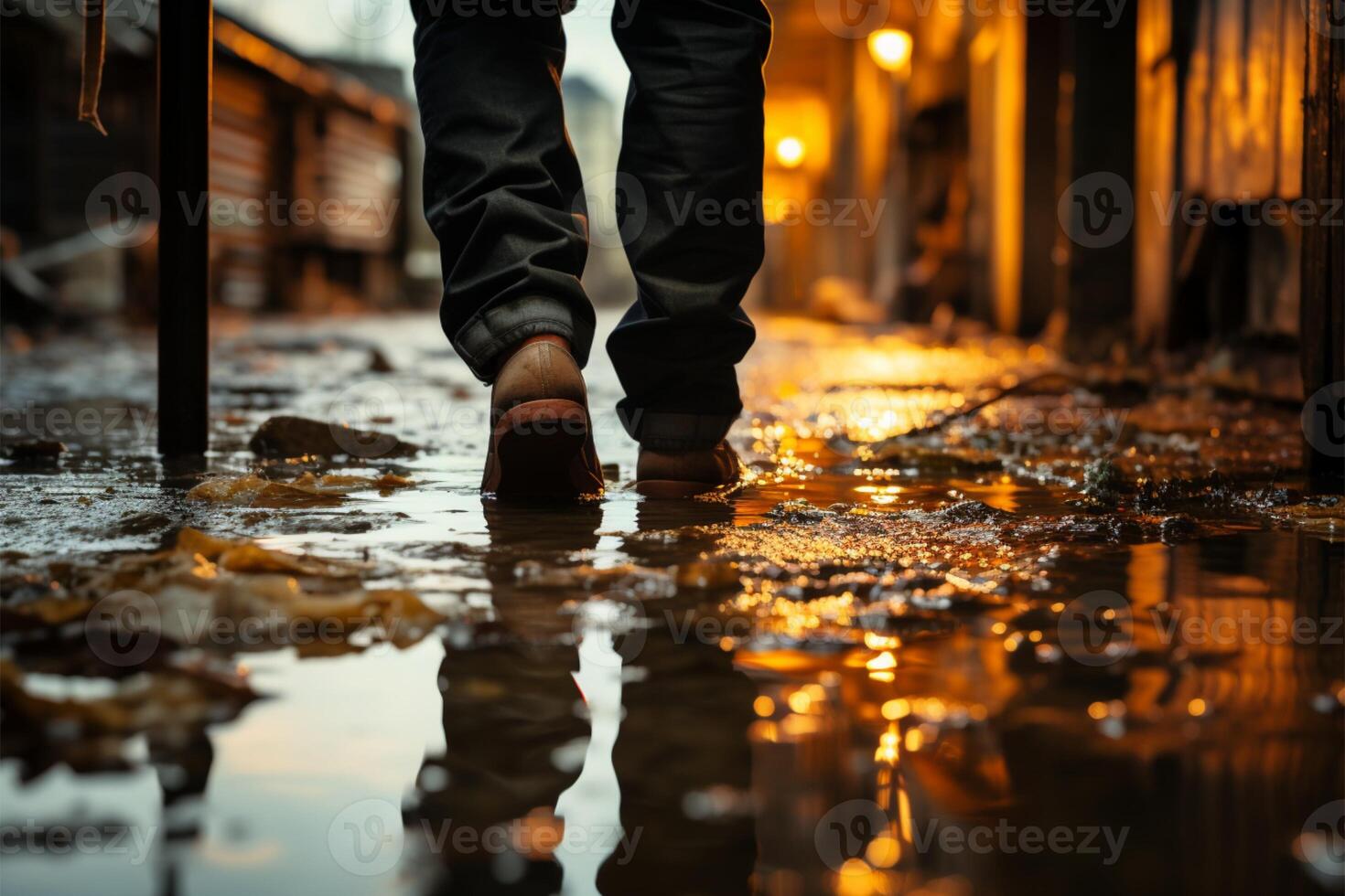 AI generated Urban aftermath Wet feet standing in a puddle post heavy rain photo