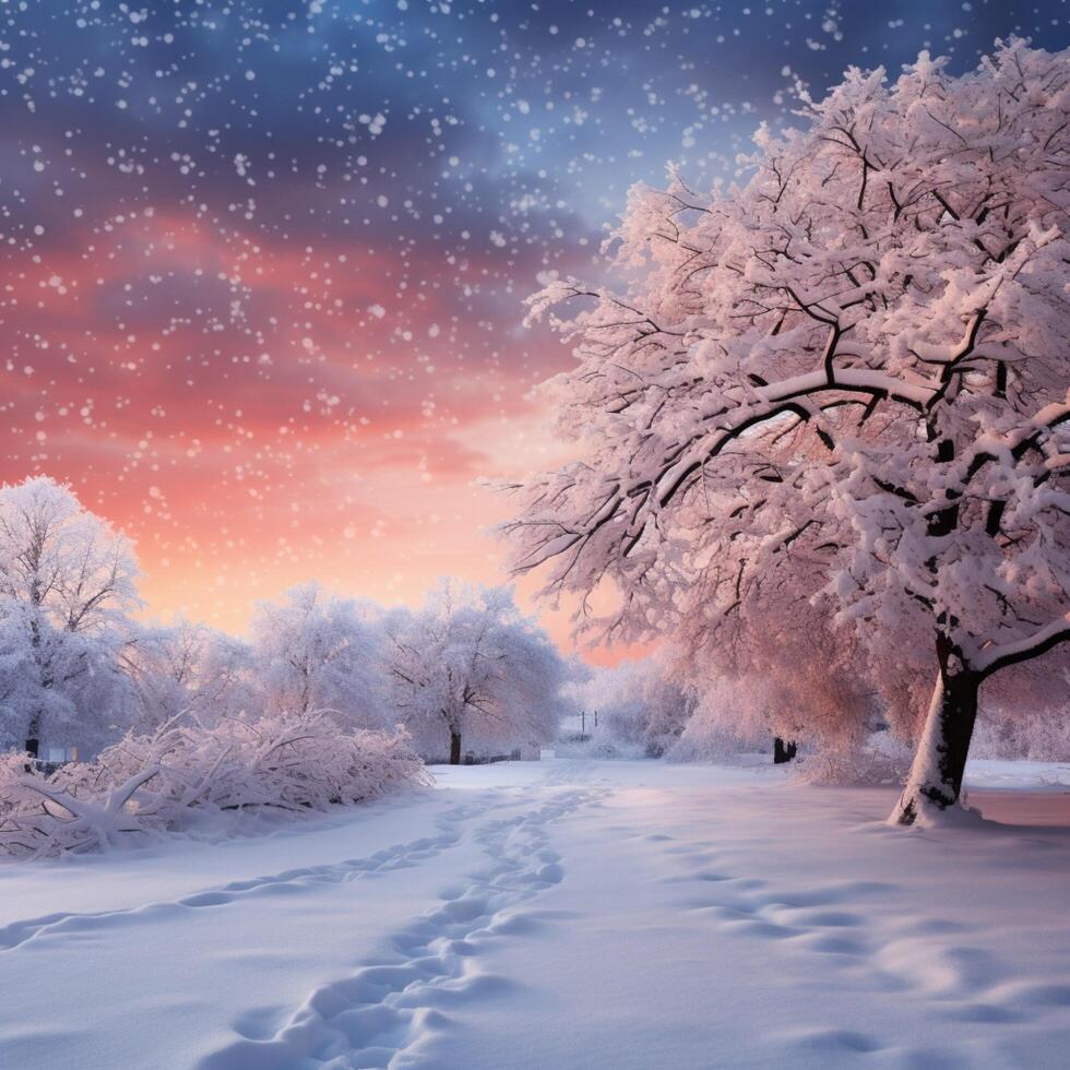 AI generated Snow covered trees against a pink sky at winter sunset For Social Media Post Size photo