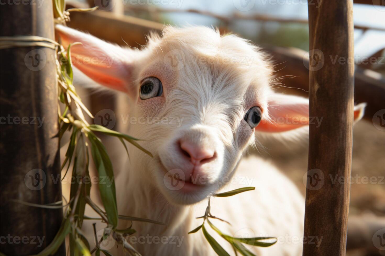 AI generated Charming farm moment White baby goat plays near bamboo fence photo