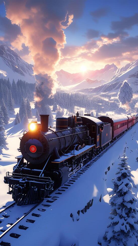 AI generated Winter rail journey Steam locomotive in a picturesque snowy landscape Vertical Mobile Wallpaper photo