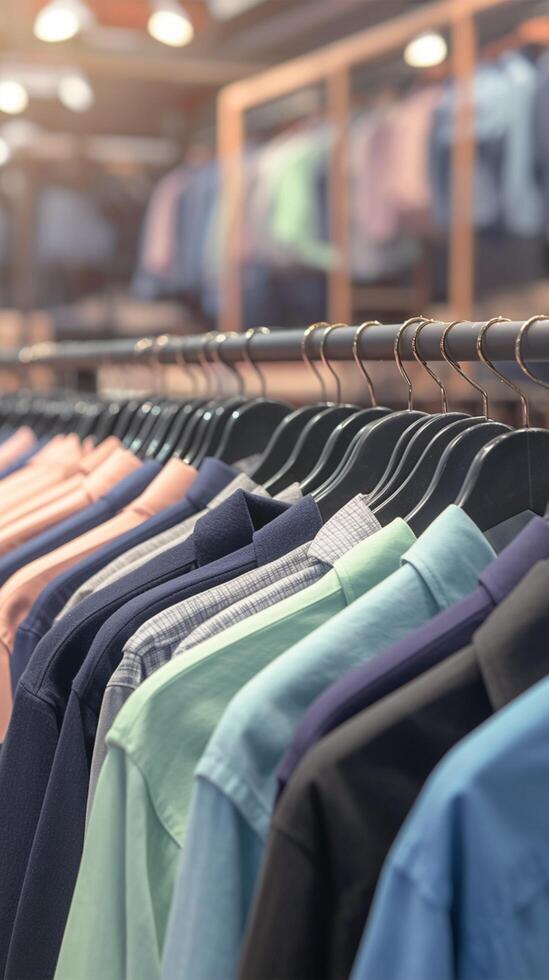 AI generated view Selective focus on clothes Hanged in a soft focused clothing store Vertical Mobile Wallpaper photo