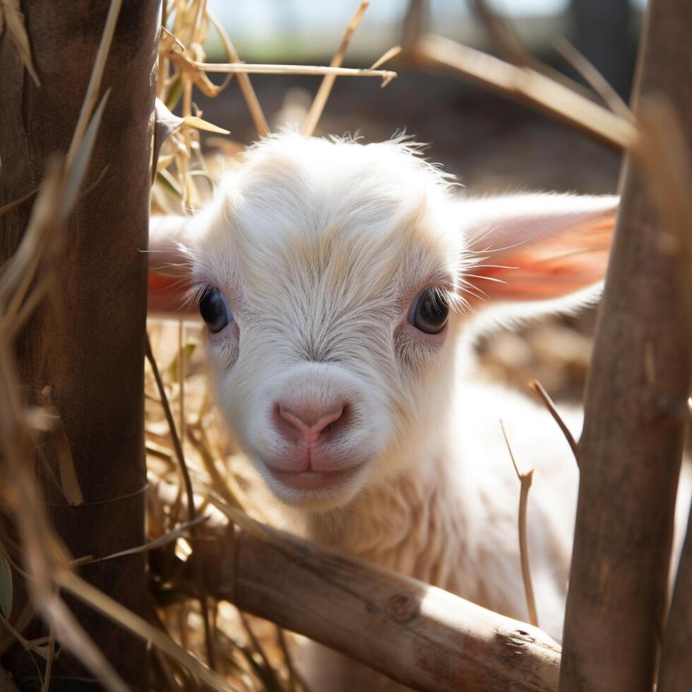 ai generado cerca arriba blanco bebé cabra jugando con bambú cerca en granja para social medios de comunicación enviar Talla foto