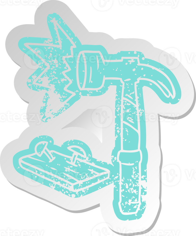 distressed old cartoon sticker of a hammer and nails png