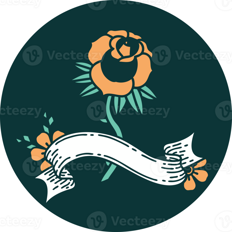 tattoo style icon with banner of a rose png