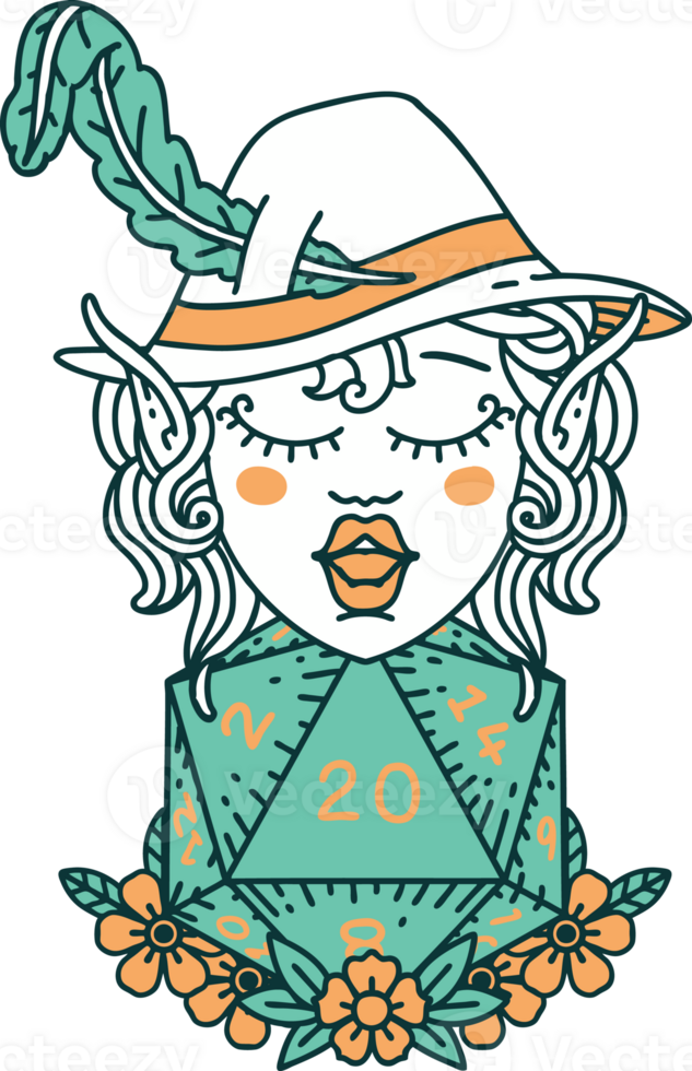 Retro Tattoo Style elf bard character with natural twenty dice roll png