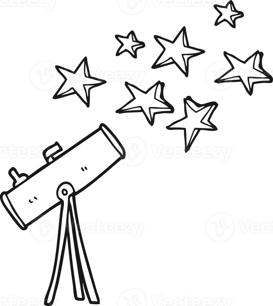 hand drawn black and white cartoon telescope and stars png