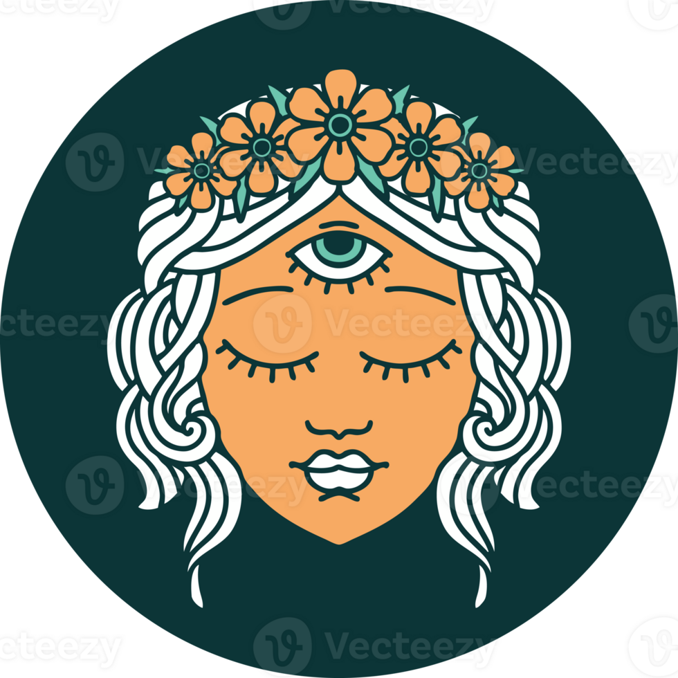 iconic tattoo style image of female face with third eye and crown of flowers png