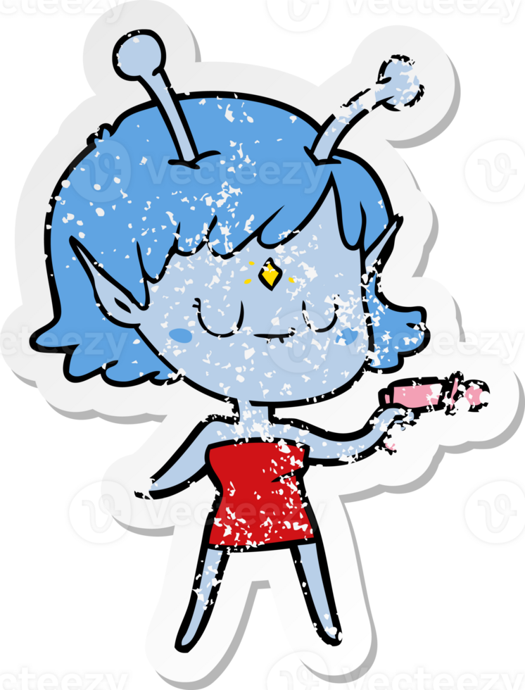 distressed sticker of a cartoon alien girl with ray gun png