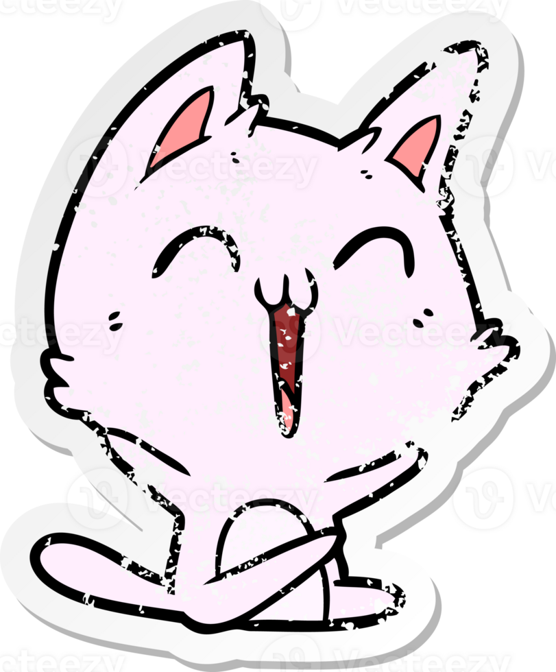 distressed sticker of a happy cartoon cat meowing png