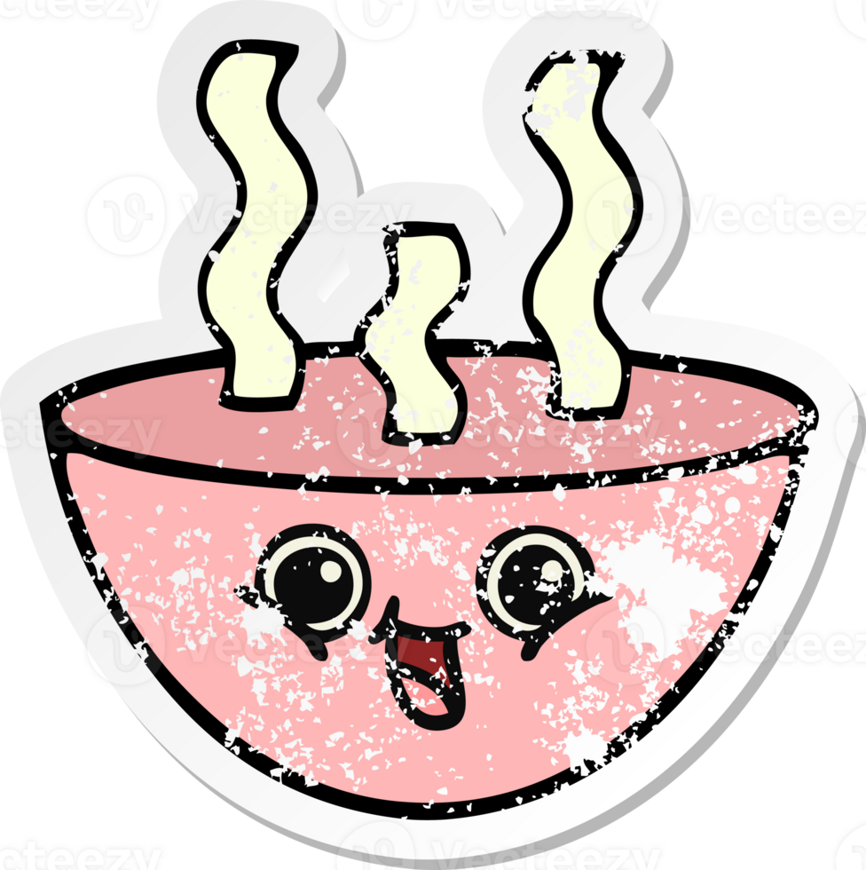 distressed sticker of a cute cartoon bowl of hot soup png