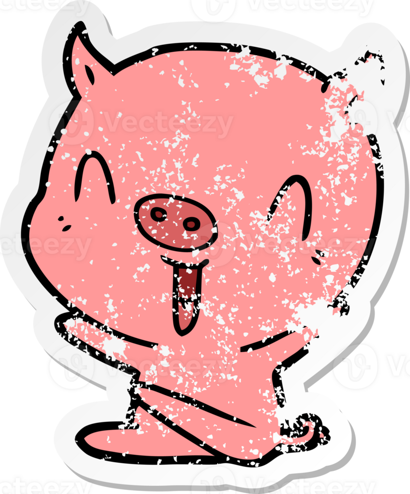 distressed sticker of a happy cartoon sitting pig png