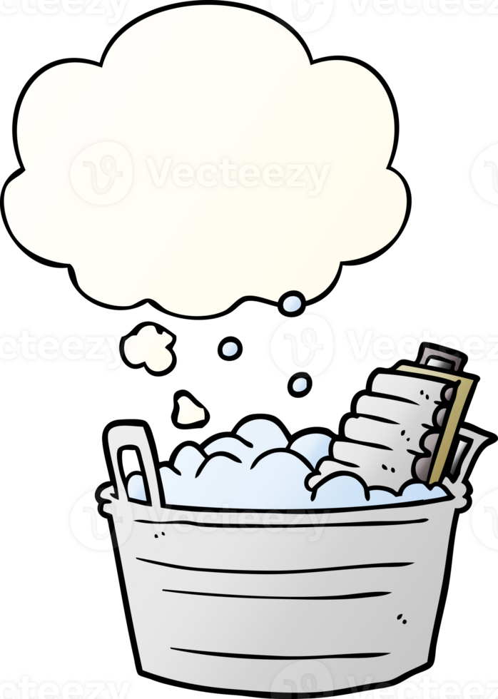 cartoon old washboard and bucket with thought bubble in smooth gradient style png