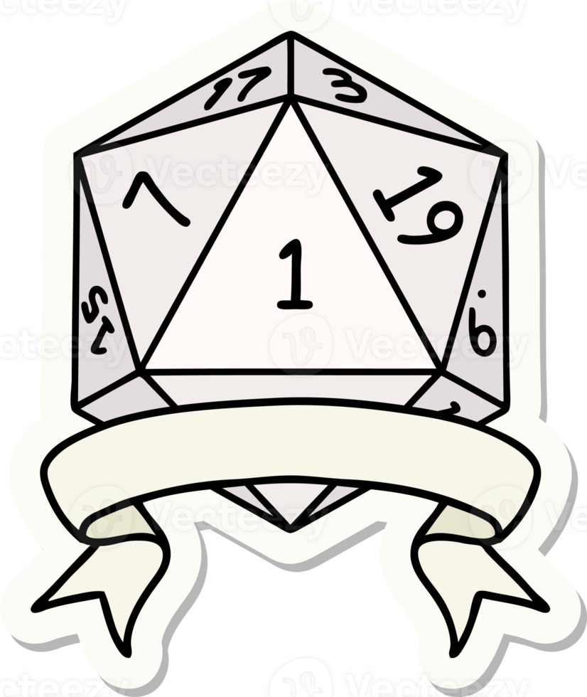 sticker of a natural one d20 dice roll png