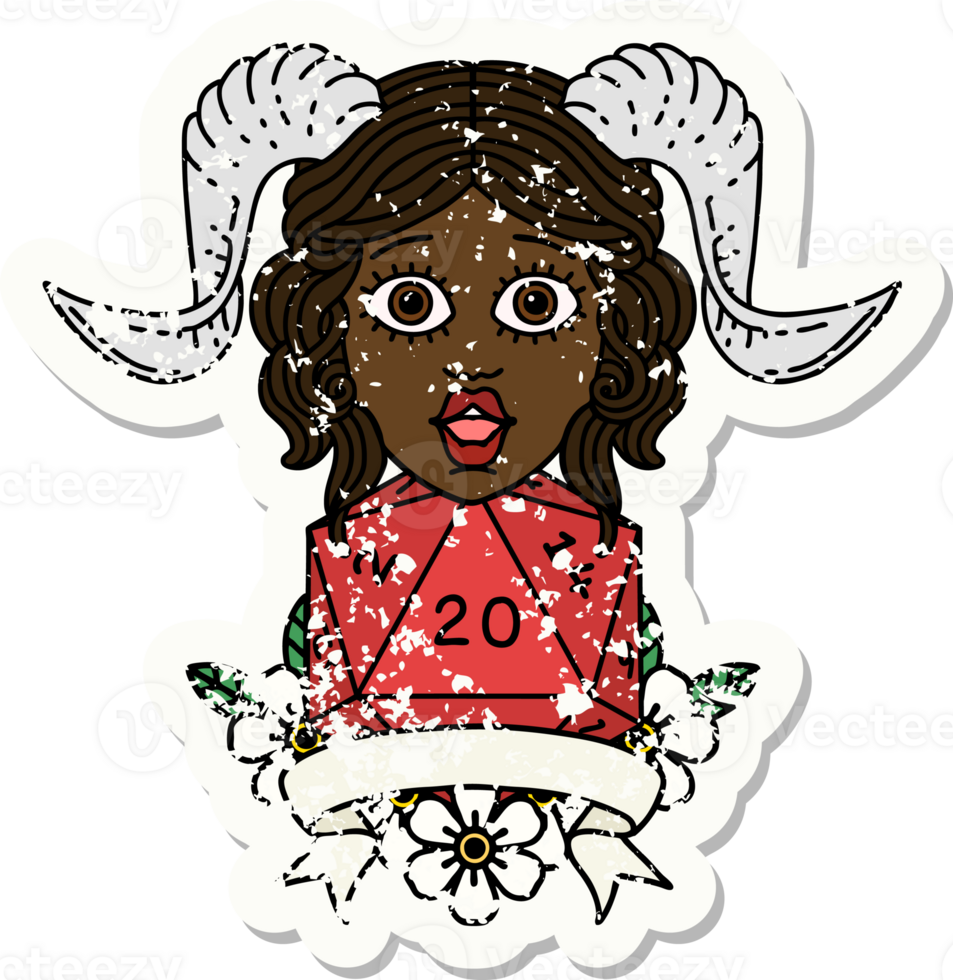 Retro Tattoo Style tiefling with natural twenty dice roll png