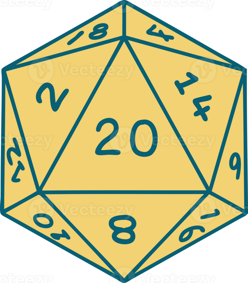 Retro Tattoo Style natural 20 D20 dice roll png