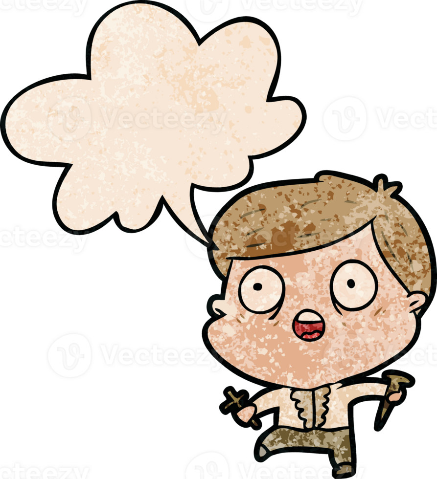 cartoon frightened man hunting halloween vampires with speech bubble in retro texture style png