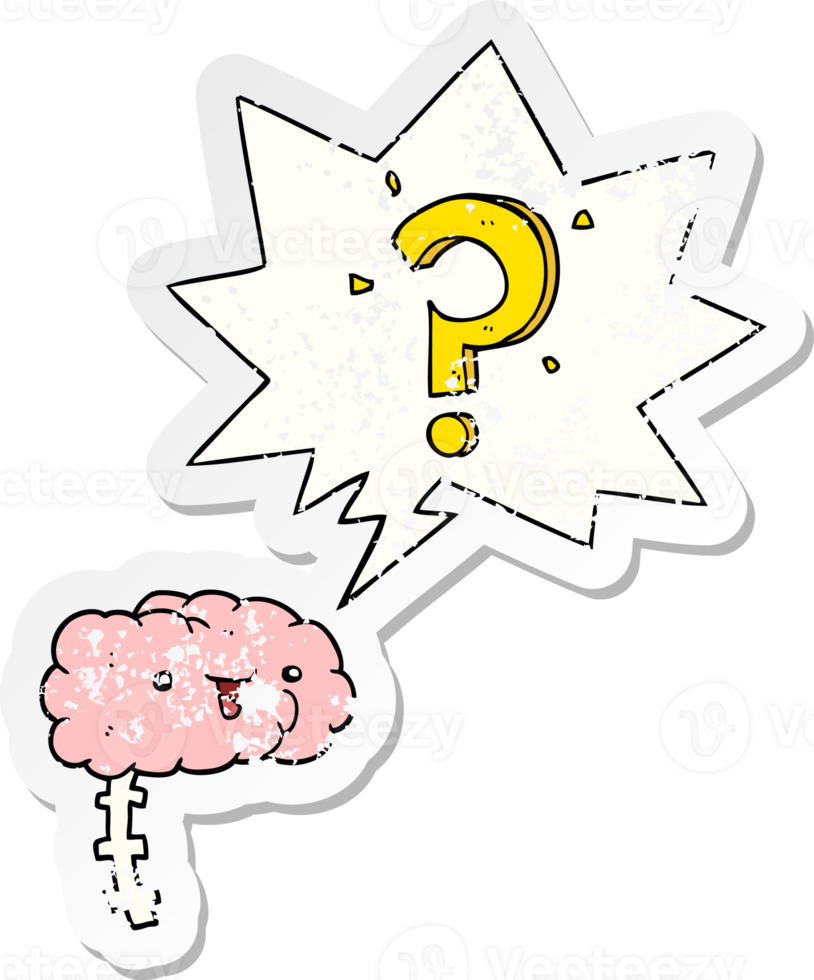 cartoon curious brain with speech bubble distressed distressed old sticker png