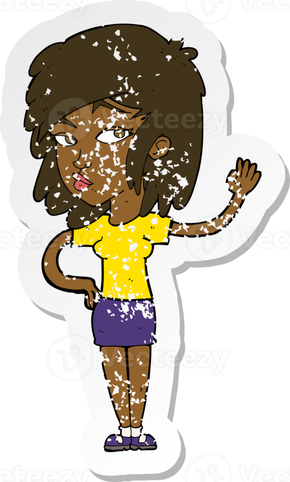 retro distressed sticker of a cartoon pretty woman waving png