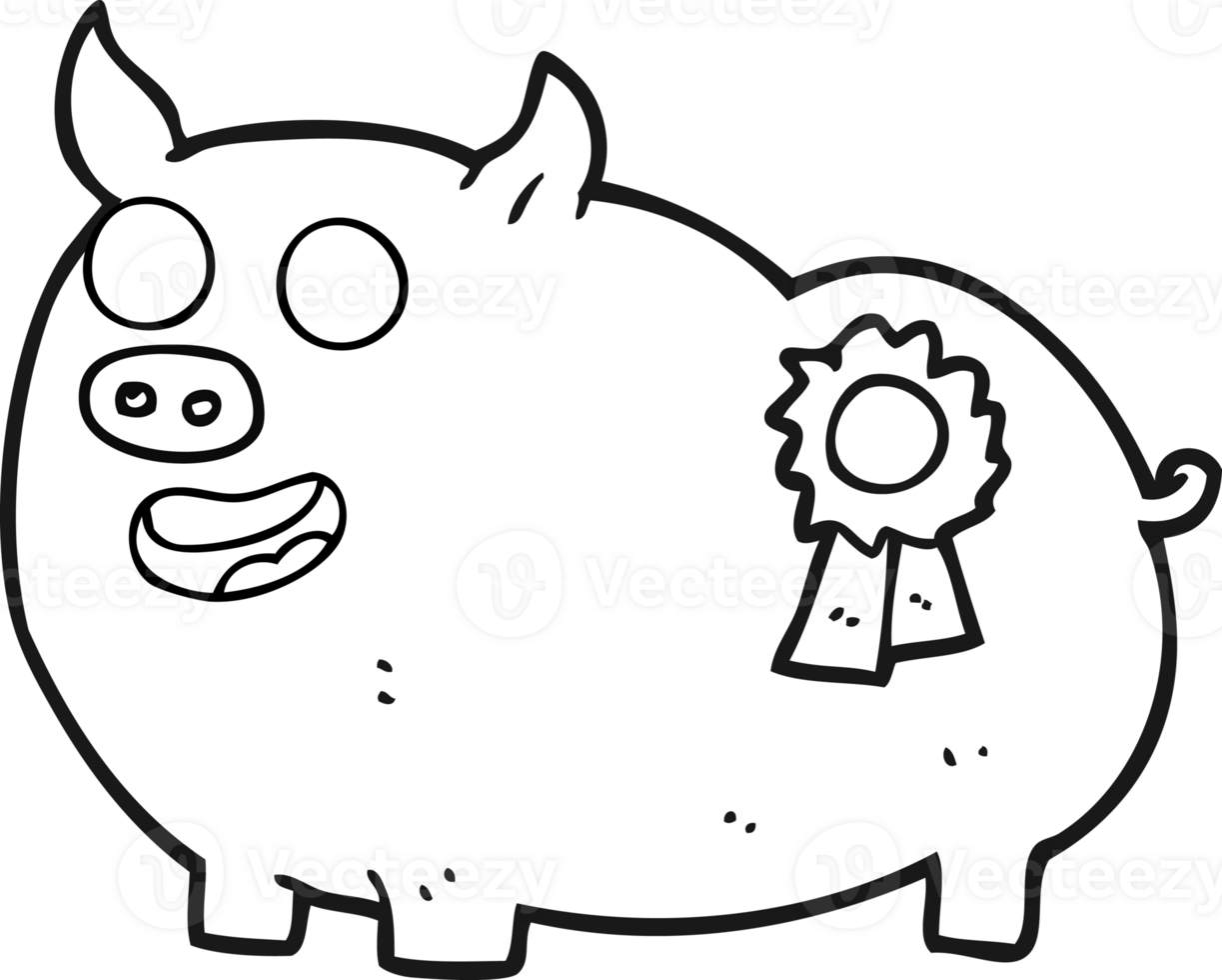 hand drawn black and white cartoon prize winning pig png