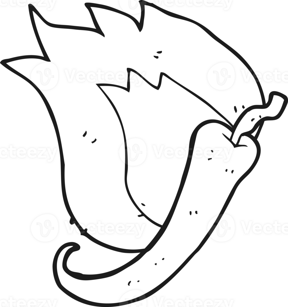 hand drawn black and white cartoon flaming hot chilli pepper png