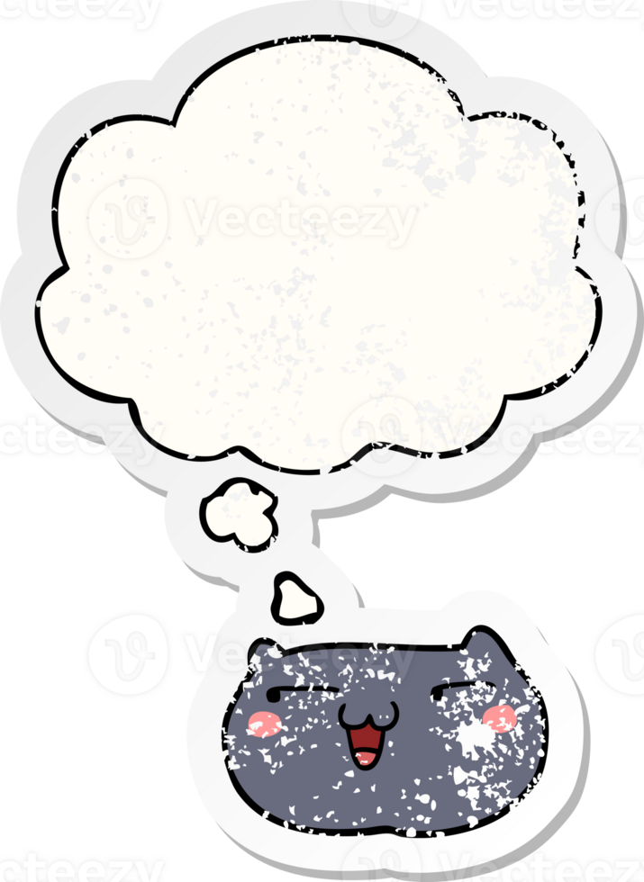 cartoon cat face with thought bubble as a distressed worn sticker png