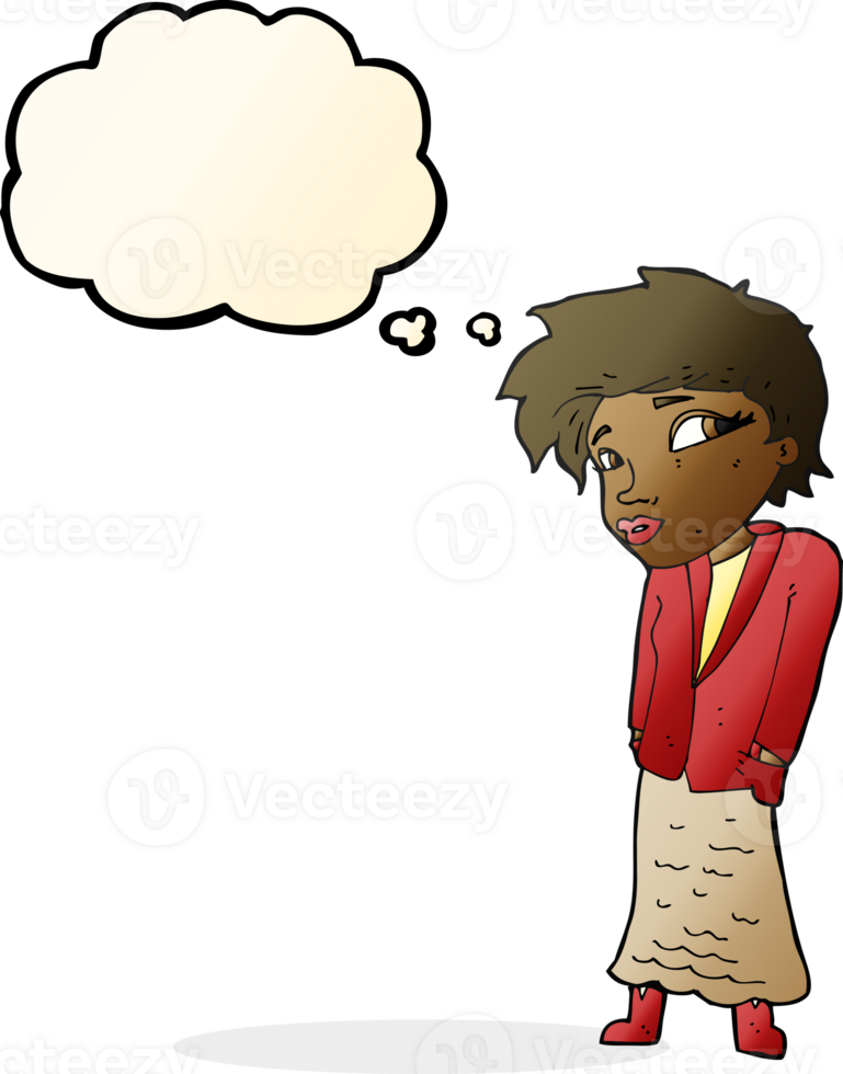 cartoon woman with hands in pockets with thought bubble png