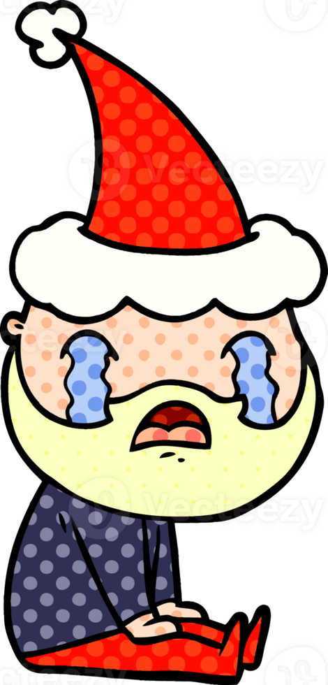 hand drawn comic book style illustration of a bearded man crying wearing santa hat png