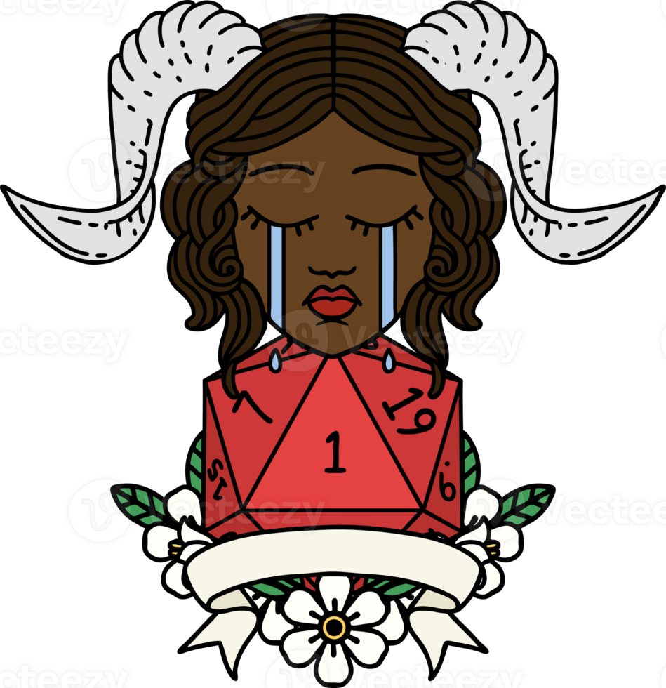 Retro Tattoo Style crying tiefling with natural one D20 dice roll png