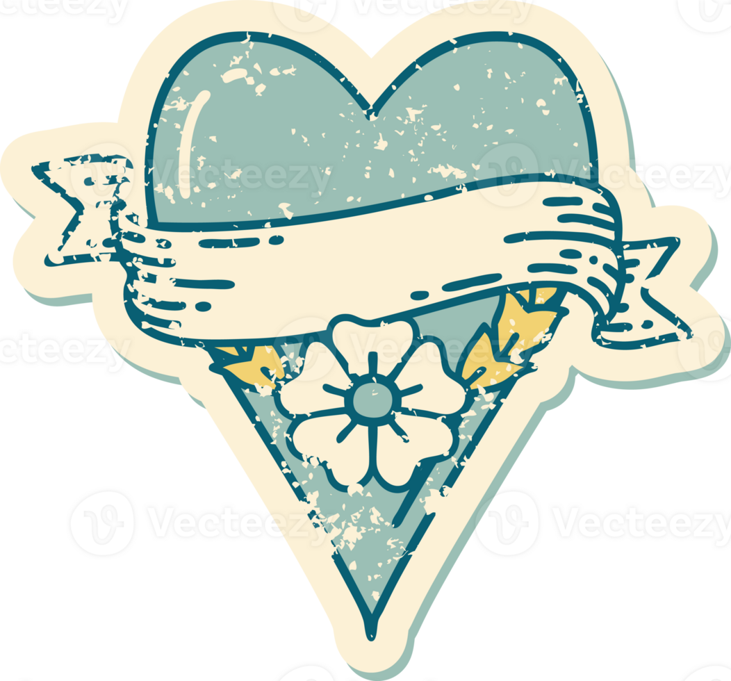iconic distressed sticker tattoo style image of a heart flower and banner png