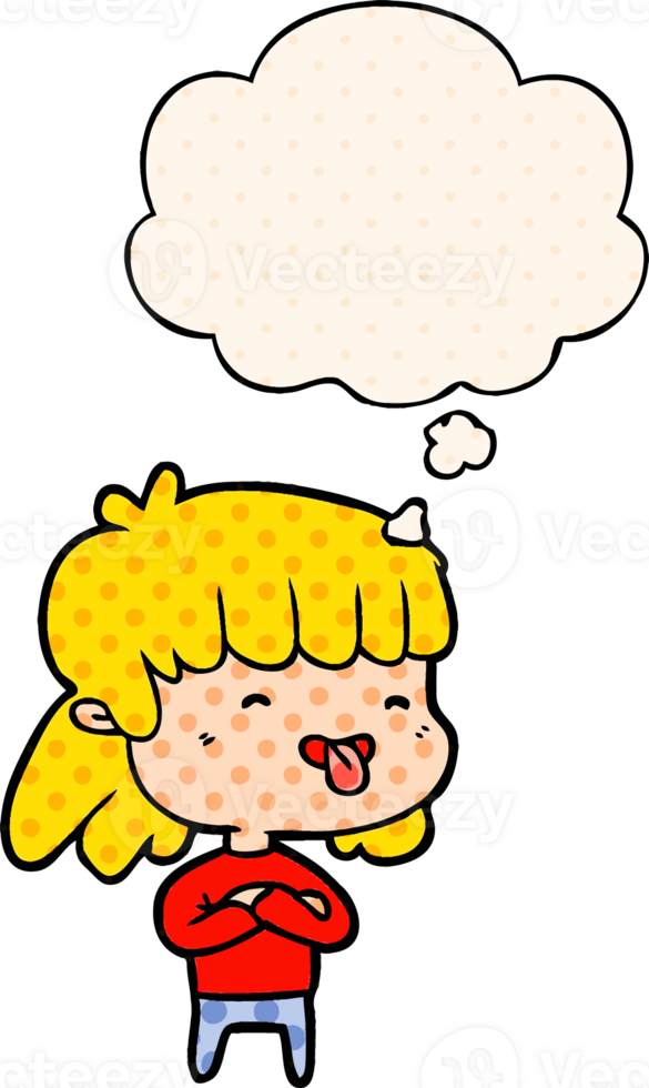 cartone animato ragazza attaccare su lingua con pensato bolla nel comico libro stile png